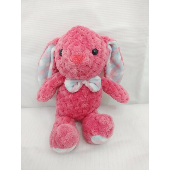 10" Kellytoy PINK Quilted Chenille BUNNY Rabbit Plush with Plaid Ears & Bow tie - Picture 2 of 13